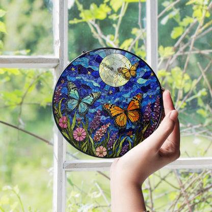 Moon butterflies wildflower stained glass suncatcher night sky decor gift for garden lovers