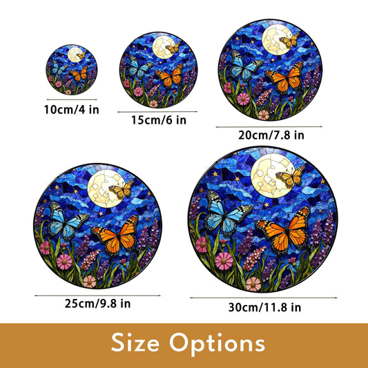 Moon butterflies wildflower stained glass suncatcher night sky decor gift for garden lovers