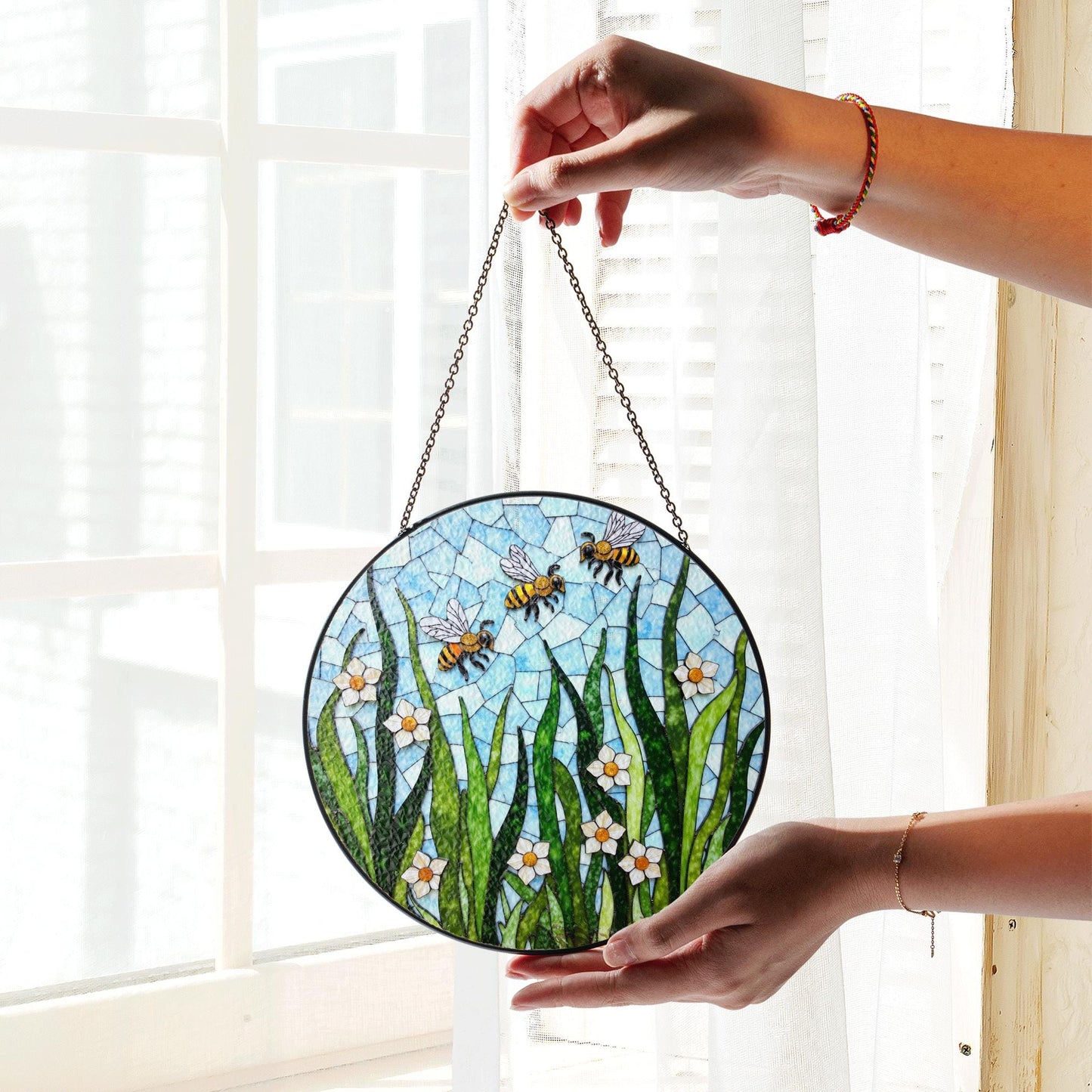 Flying bees and white flowers round glass suncatcher honey garden art gift for mom