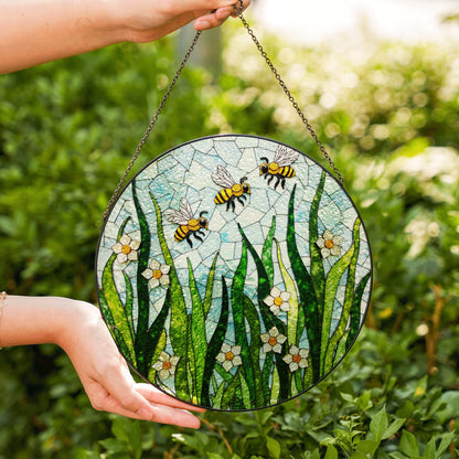 Flying bees and white flowers round glass suncatcher honey garden art gift for mom