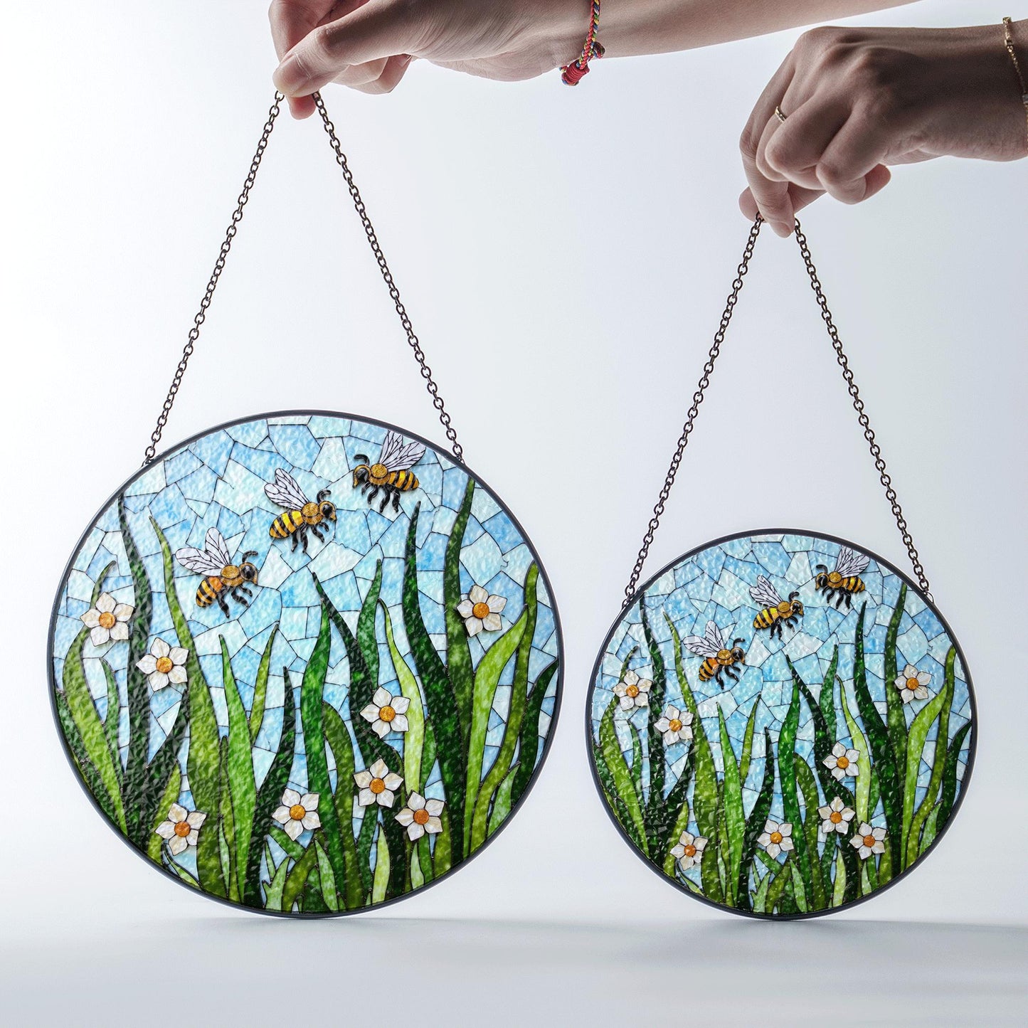 Flying bees and white flowers round glass suncatcher honey garden art gift for mom