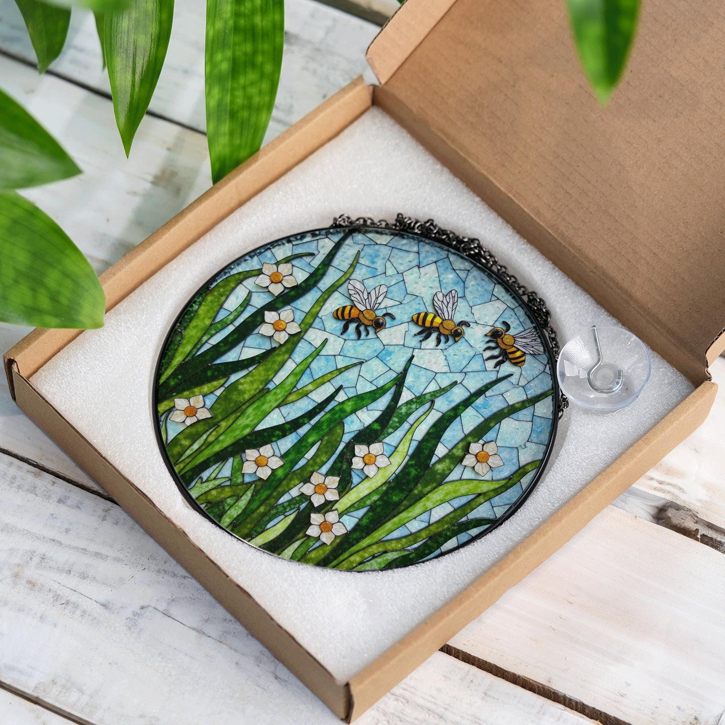 Flying bees and white flowers round glass suncatcher honey garden art gift for mom