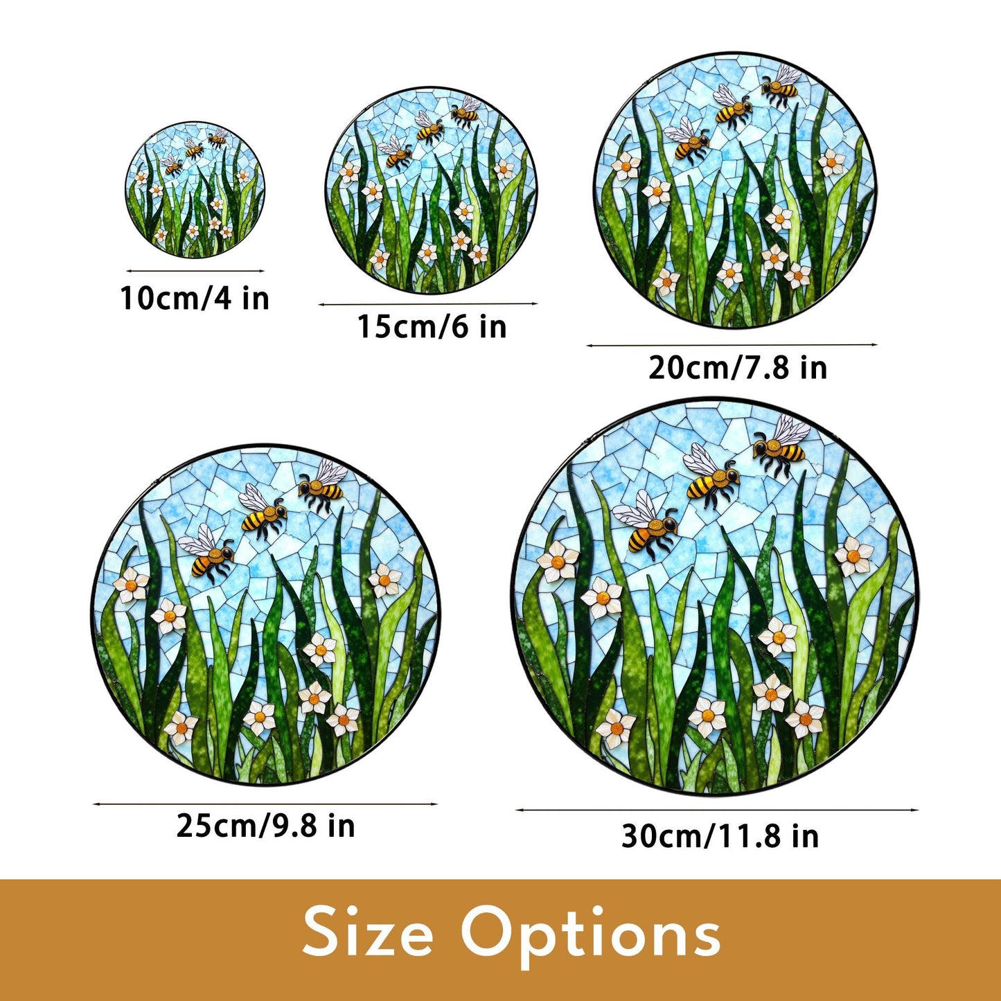 Flying bees and white flowers round glass suncatcher honey garden art gift for mom