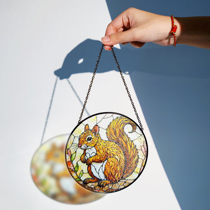 Golden squirrel forest animal round suncatcher woodland window art gift for nature lover