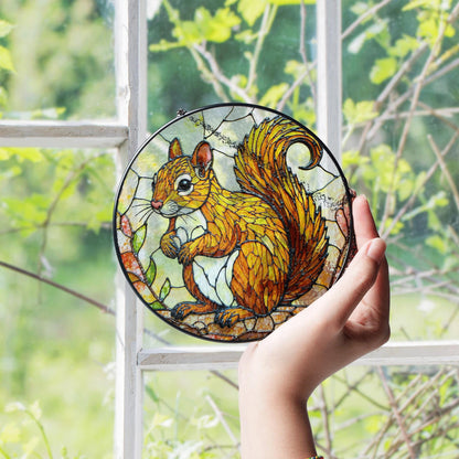 Golden squirrel forest animal round suncatcher woodland window art gift for nature lover