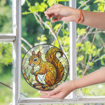 Golden squirrel forest animal round suncatcher woodland window art gift for nature lover