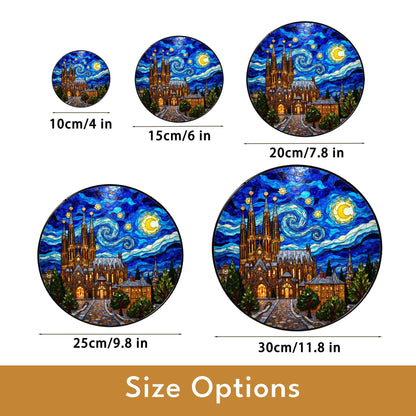 cathedral under starry sky round stained glass style suncatcher gift for architecture lover