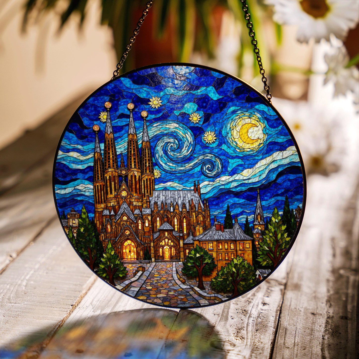 cathedral under starry sky round stained glass style suncatcher gift for architecture lover