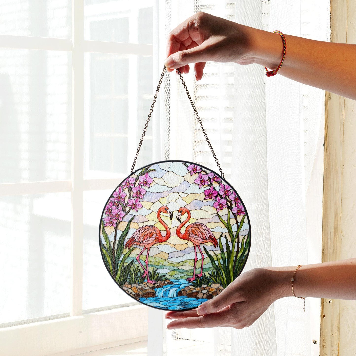 Flamingo River Scene Glass Suncatcher Window Decor Gift for Bird Lovers