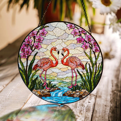 Flamingo River Scene Glass Suncatcher Window Decor Gift for Bird Lovers