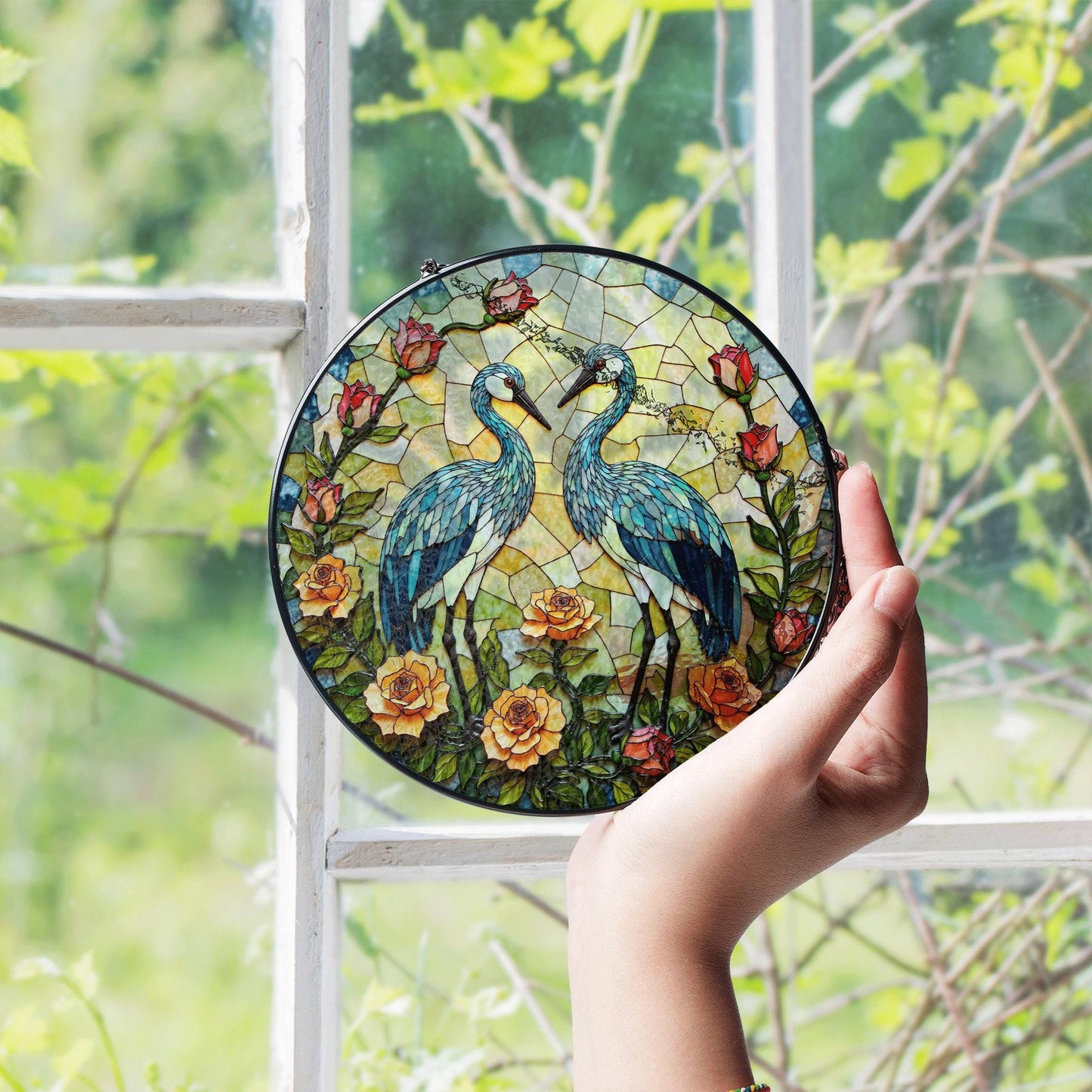blue heron floral round stained glass window hanging suncatcher bird lover gift