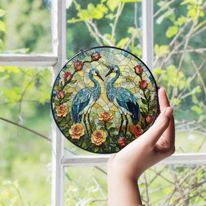 blue heron floral round stained glass window hanging suncatcher bird lover gift