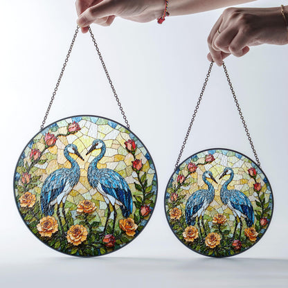 blue heron floral round stained glass window hanging suncatcher bird lover gift