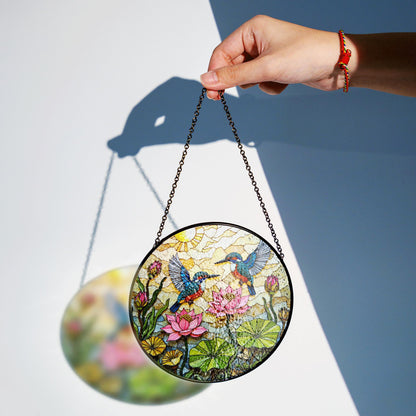 Kingfisher Lotus Pond Suncatcher Stained Glass Window Hanging Gift for Bird Lovers
