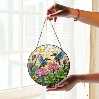 Kingfisher Lotus Pond Suncatcher Stained Glass Window Hanging Gift for Bird Lovers