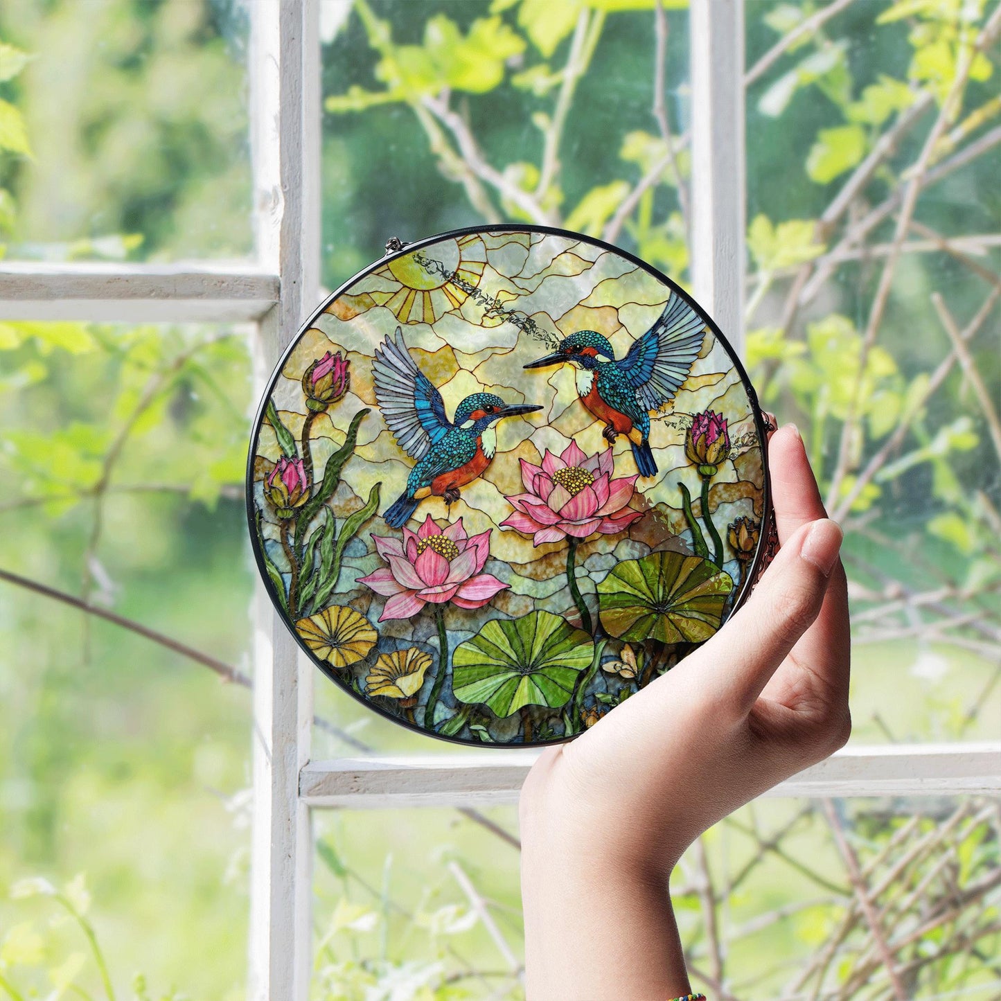 Kingfisher Lotus Pond Suncatcher Stained Glass Window Hanging Gift for Bird Lovers