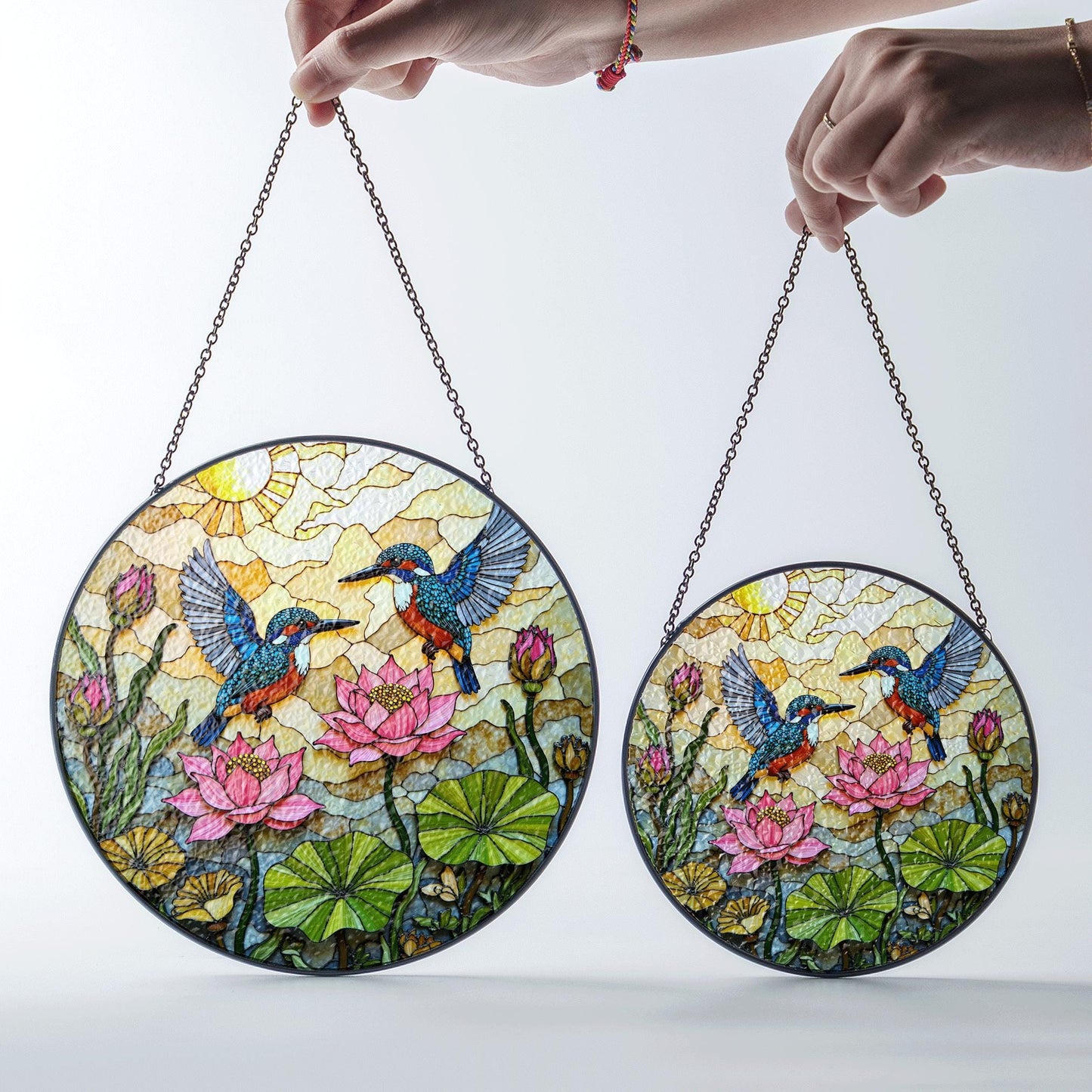 Kingfisher Lotus Pond Suncatcher Stained Glass Window Hanging Gift for Bird Lovers
