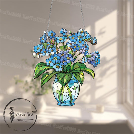Blue Flower Window Hanging, Decorative Floral Vase with Forget Me Not Design, Elegant Window Decoration for Home, Kitchen, or Garden Room