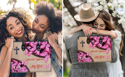 Personalized Leather Handbag Custom Name, Christian Gift, Gifts for Women, Way Maker Miracle Worker Bag, Pink Butterfly & Cross Design