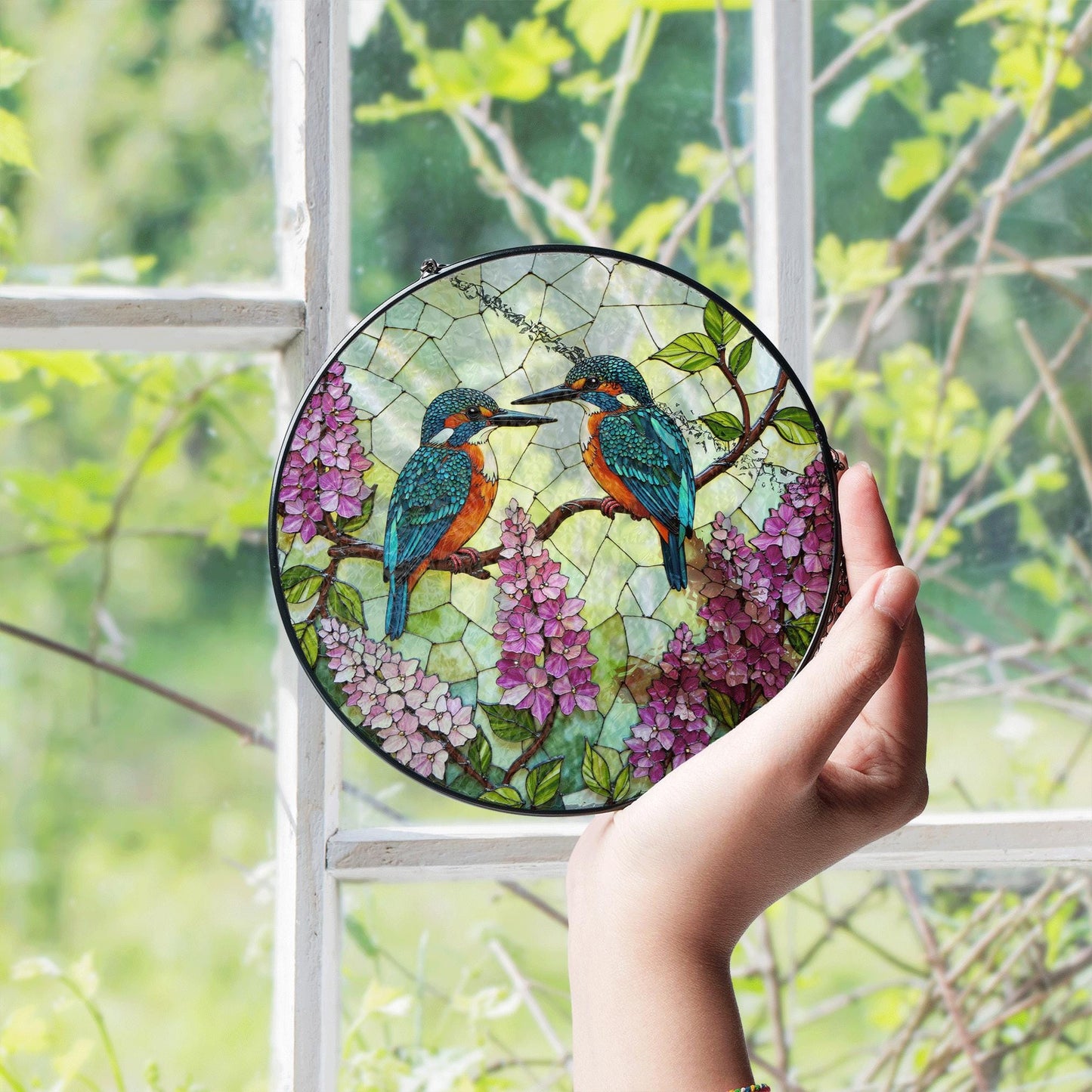 Kingfishers on Lilac Branch Stained Glass Suncatcher Window Decor Gift for Bird Lovers