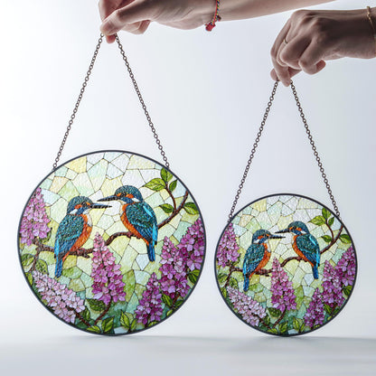 Kingfishers on Lilac Branch Stained Glass Suncatcher Window Decor Gift for Bird Lovers