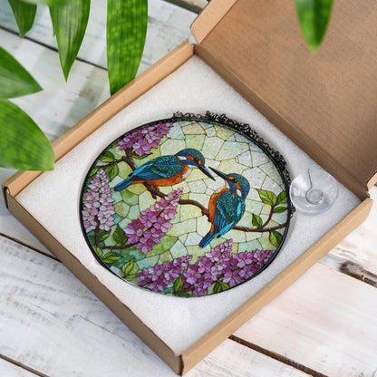 Kingfishers on Lilac Branch Stained Glass Suncatcher Window Decor Gift for Bird Lovers