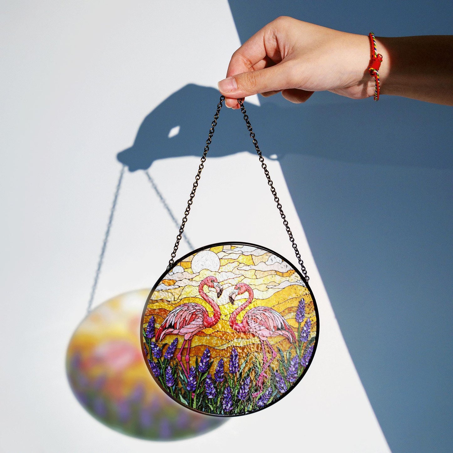 Flamingos In Lavender Field Round Window Hanging Flamingo Suncatcher Gift For Mom