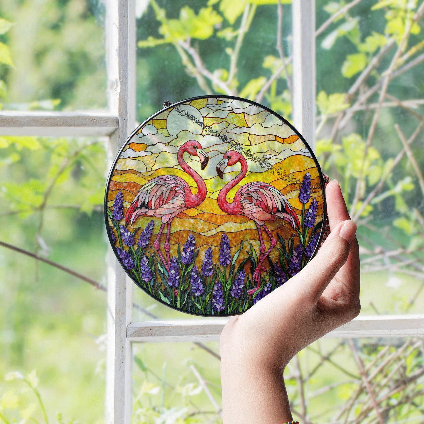Flamingos In Lavender Field Round Window Hanging Flamingo Suncatcher Gift For Mom