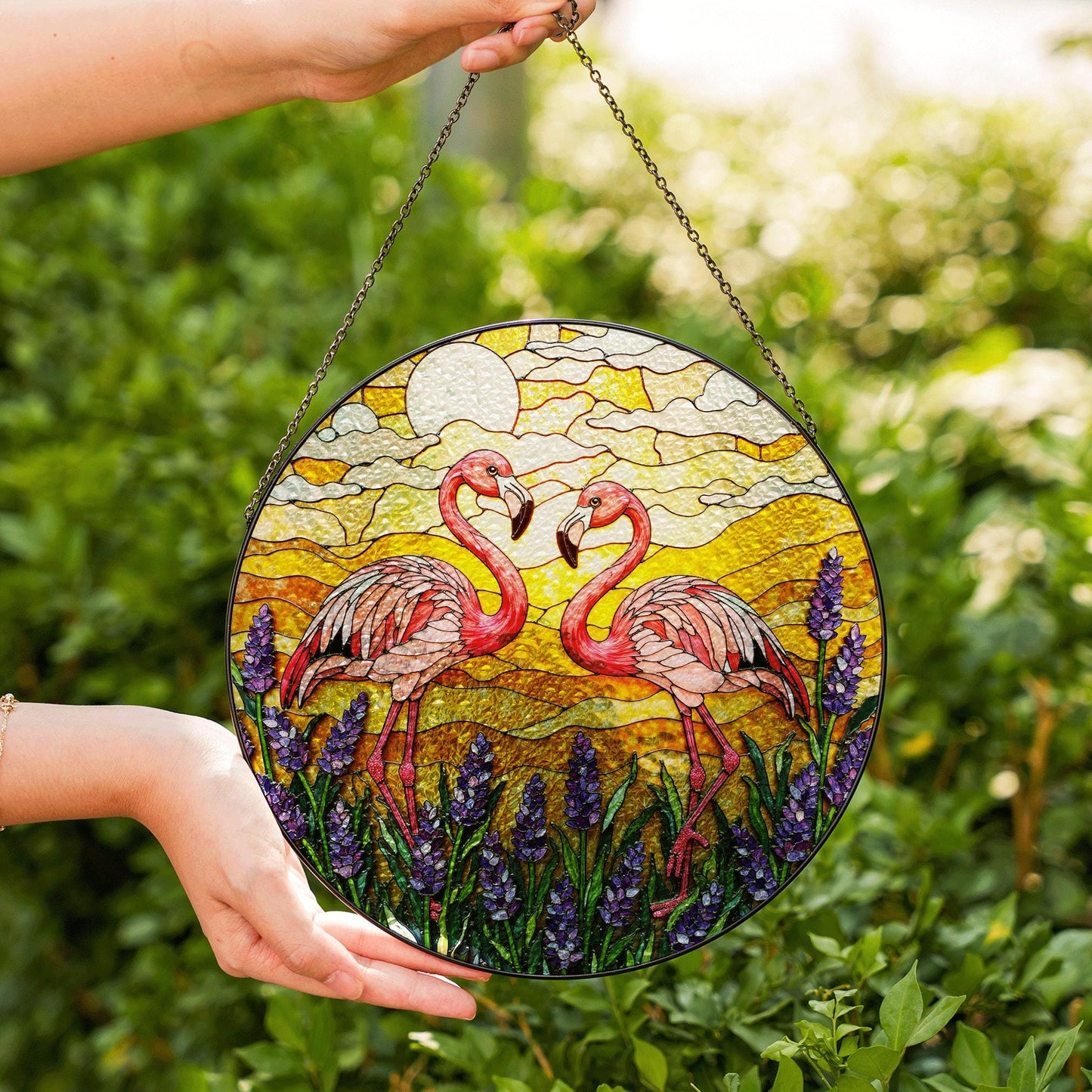 Flamingos In Lavender Field Round Window Hanging Flamingo Suncatcher Gift For Mom