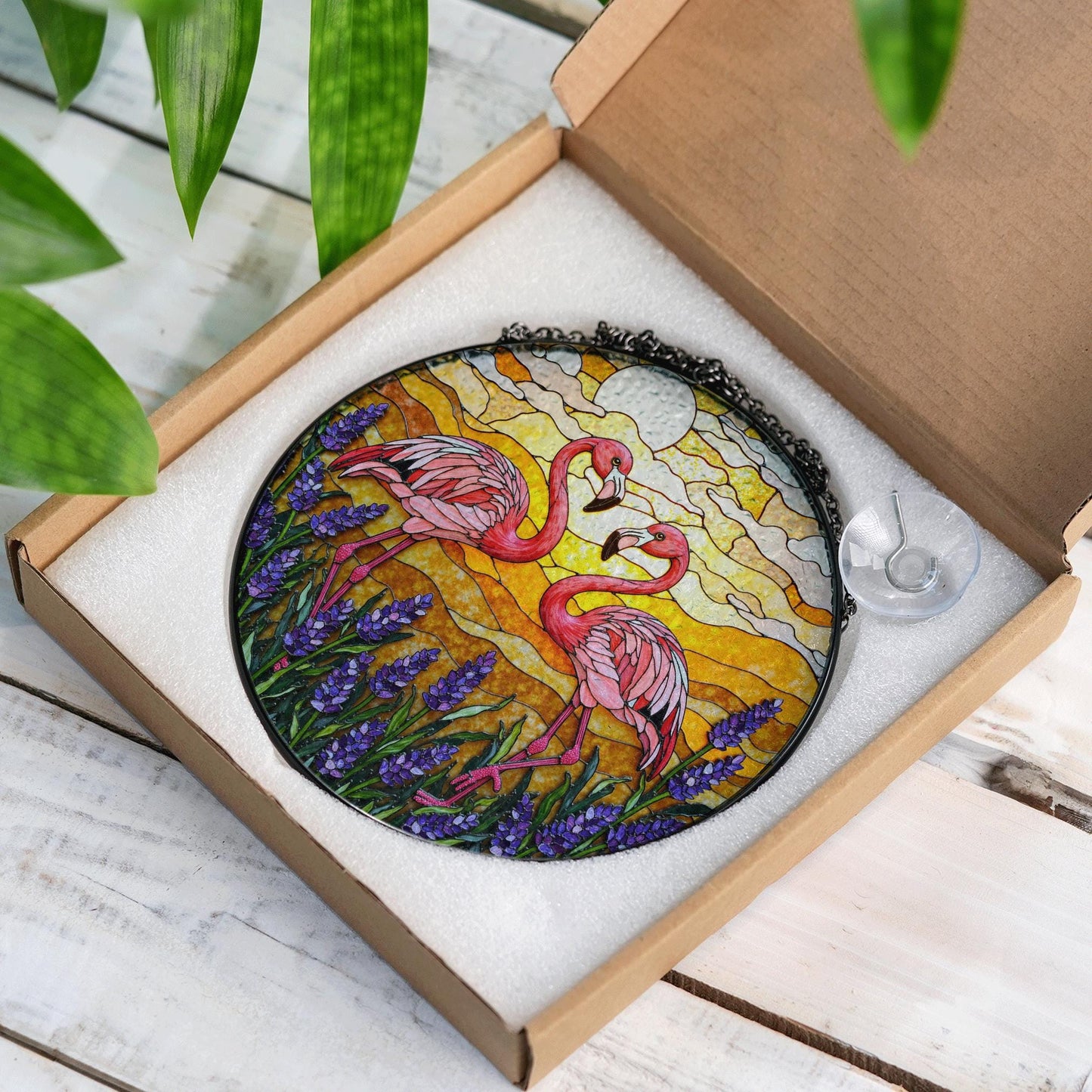Flamingos In Lavender Field Round Window Hanging Flamingo Suncatcher Gift For Mom