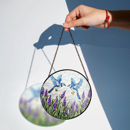 Blue birds with lavender stained glass suncatcher round window decor gift for mom