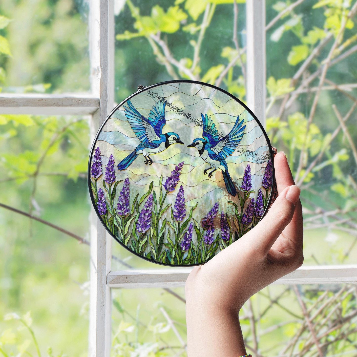 Blue birds with lavender stained glass suncatcher round window decor gift for mom