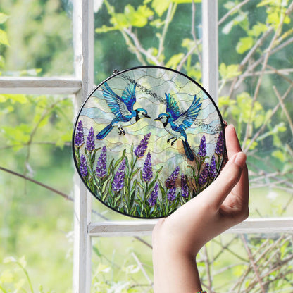 Blue birds with lavender stained glass suncatcher round window decor gift for mom