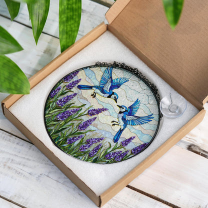 Blue birds with lavender stained glass suncatcher round window decor gift for mom