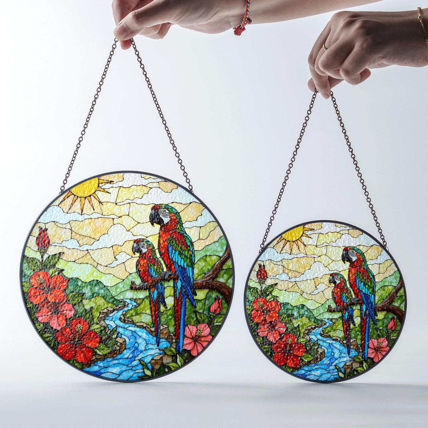 Colorful Parrots River Scene Stained Glass Style Suncatcher Window Hanging Gift for Mom