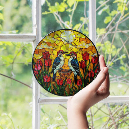 Woodpeckers Tulip Garden Stained Glass Suncatcher Window Hanging Bird Gift for Mom