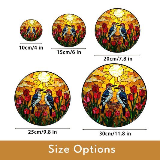 Woodpeckers Tulip Garden Stained Glass Suncatcher Window Hanging Bird Gift for Mom