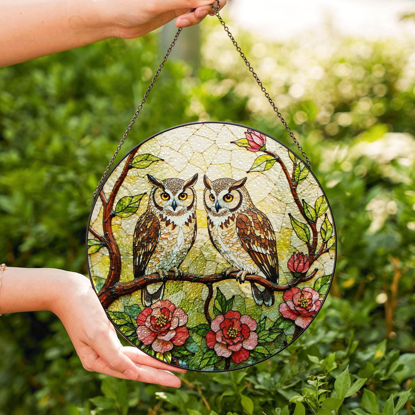 Two Owls on Flowering Branch Stained Glass Style Round Suncatcher Gift for Bird Lovers