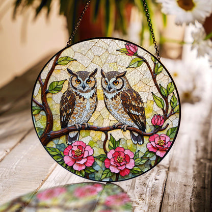 Two Owls on Flowering Branch Stained Glass Style Round Suncatcher Gift for Bird Lovers