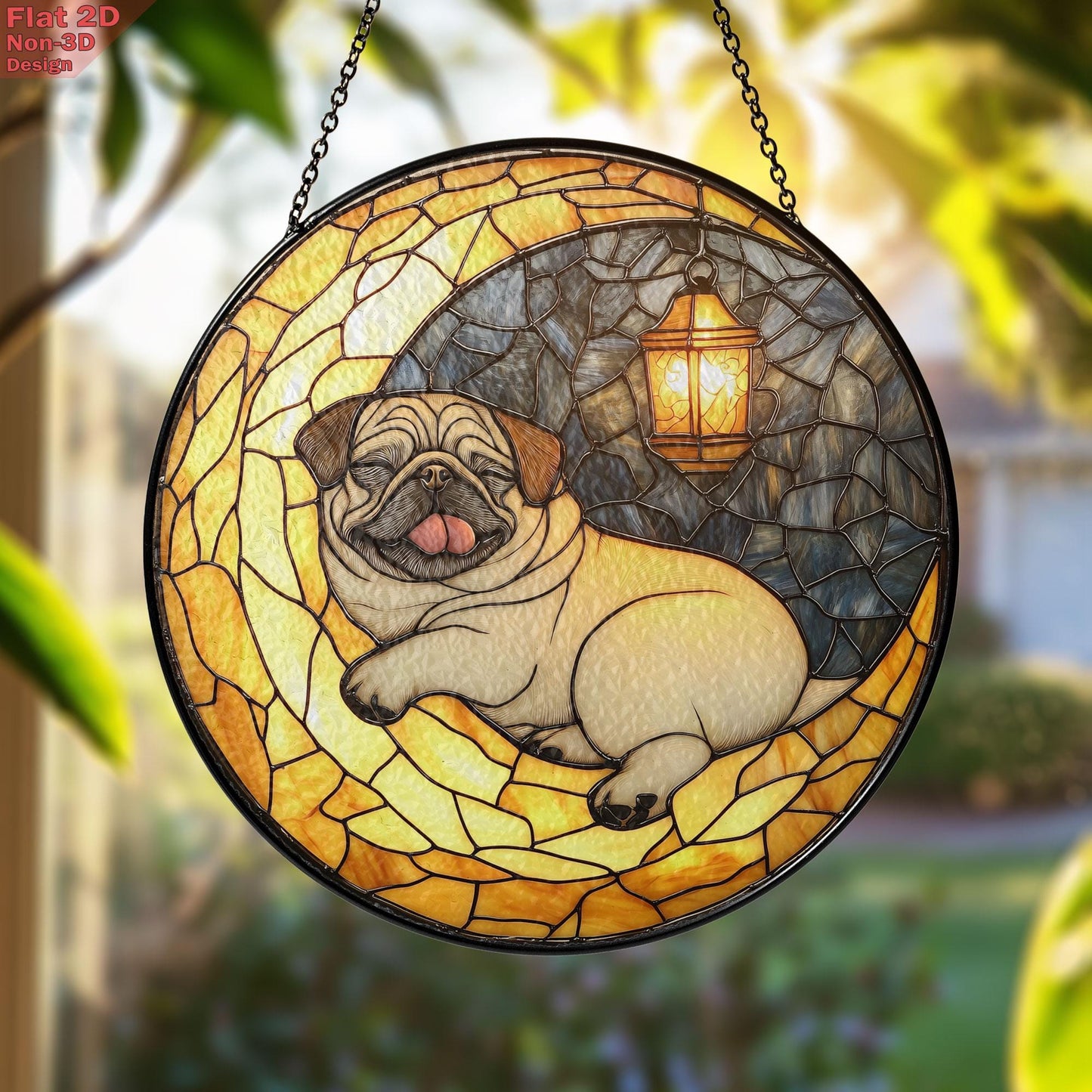 Pug on Moon Faux Stained Glass Suncatcher – Cozy Dog and Lantern Night Scene Window Decor, Gift for Pet Lovers, Dog Moms, and Peaceful Homes