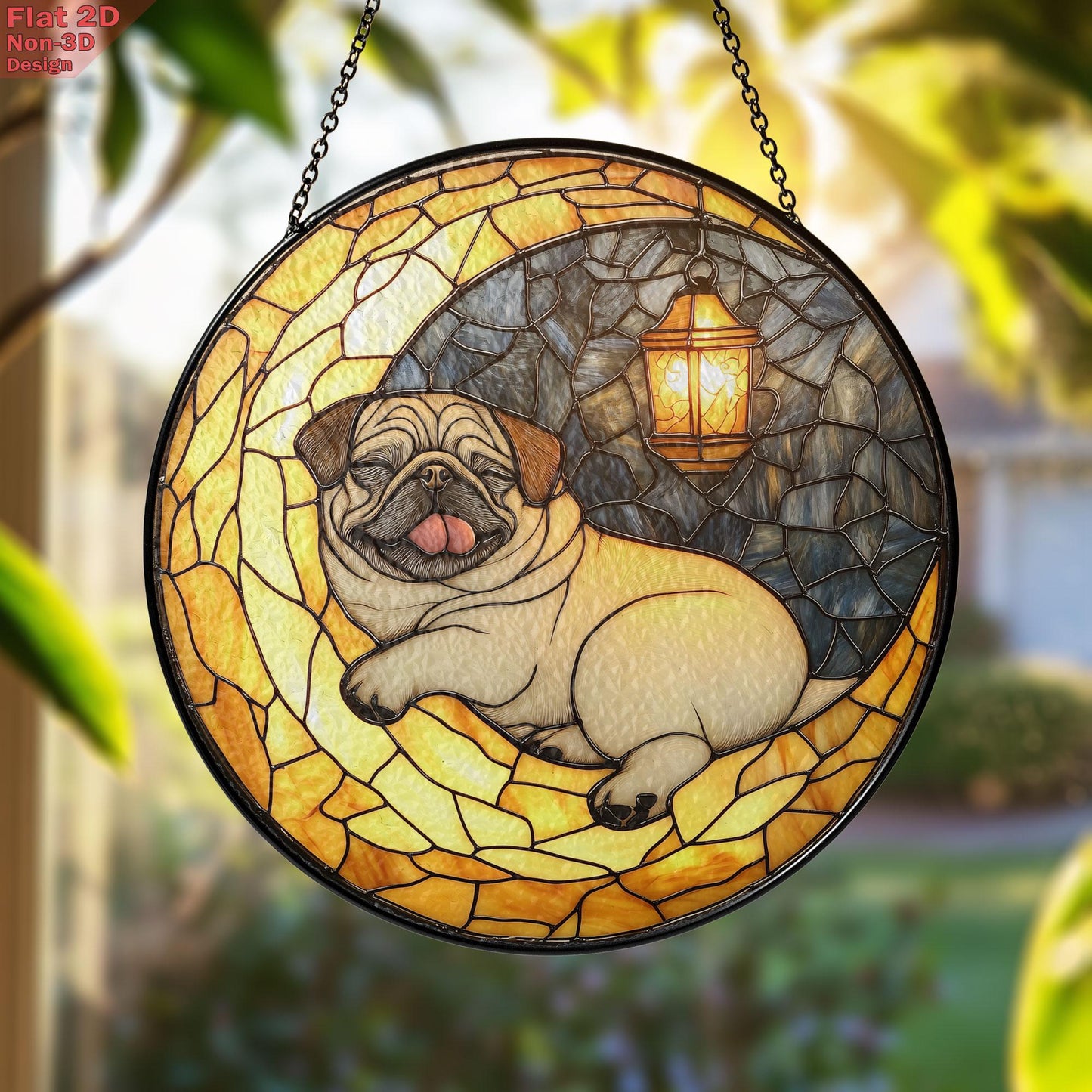 Pug on Moon Faux Stained Glass Suncatcher – Cozy Dog and Lantern Night Scene Window Decor, Gift for Pet Lovers, Dog Moms, and Peaceful Homes