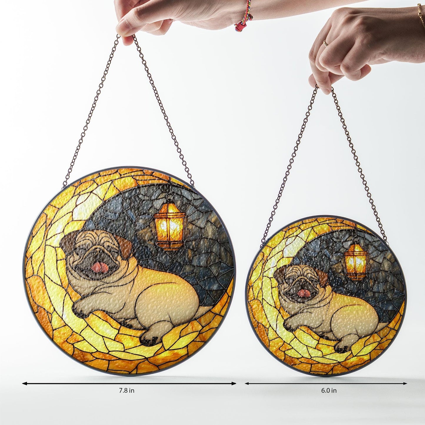 Pug on Moon Faux Stained Glass Suncatcher – Cozy Dog and Lantern Night Scene Window Decor, Gift for Pet Lovers, Dog Moms, and Peaceful Homes