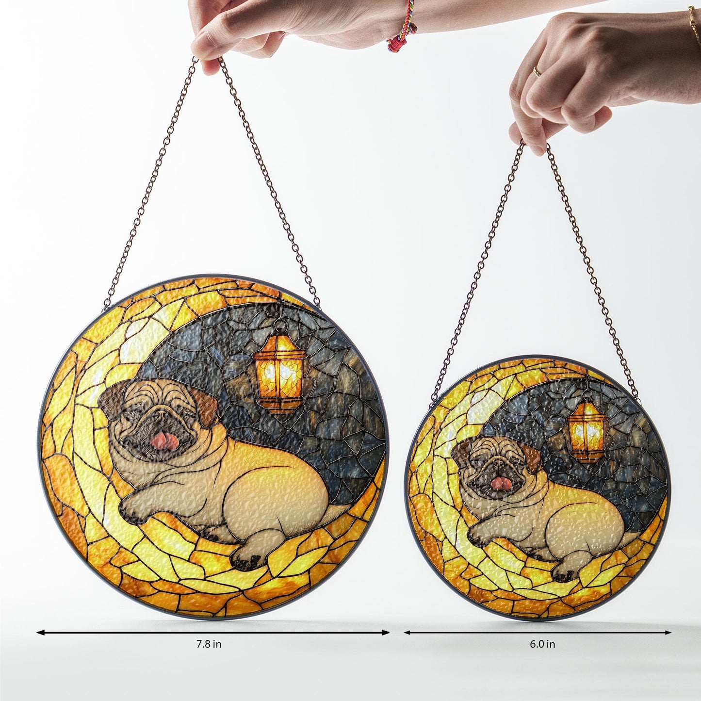 Pug on Moon Faux Stained Glass Suncatcher – Cozy Dog and Lantern Night Scene Window Decor, Gift for Pet Lovers, Dog Moms, and Peaceful Homes