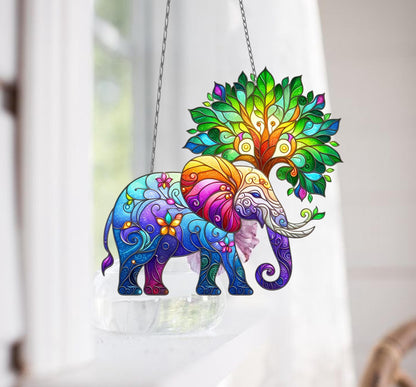 Elephant Tree Window Hanging, Faux Stained Glass Suncatcher, Boho Animal Decor, Vibrant Home Accent, Unique Nature-Inspired Gift, Mom Gift