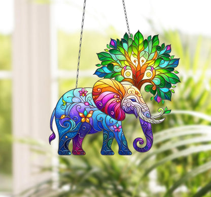 Elephant Tree Window Hanging, Faux Stained Glass Suncatcher, Boho Animal Decor, Vibrant Home Accent, Unique Nature-Inspired Gift, Mom Gift