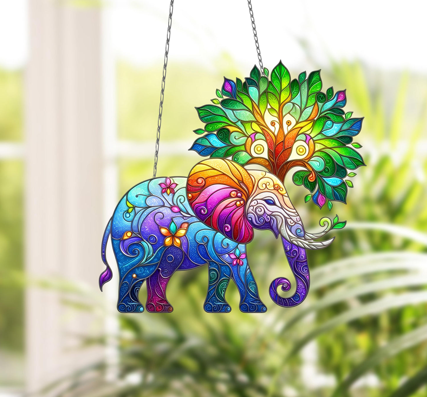 Elephant Tree Window Hanging, Faux Stained Glass Suncatcher, Boho Animal Decor, Vibrant Home Accent, Unique Nature-Inspired Gift, Mom Gift