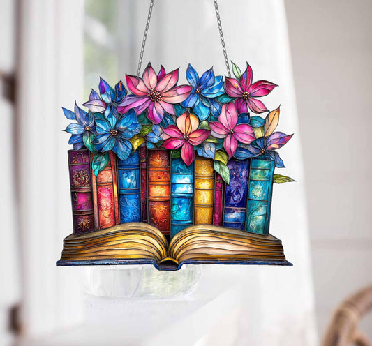 Floral Book  ACRYLIC Window Hanging, Book Lover decor, Gift for her, Book Club Gift, Book Reader Gifts, Book Club Ornament Wall Art