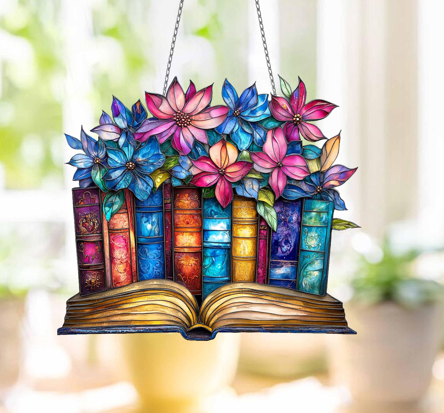Floral Book  ACRYLIC Window Hanging, Book Lover decor, Gift for her, Book Club Gift, Book Reader Gifts, Book Club Ornament Wall Art