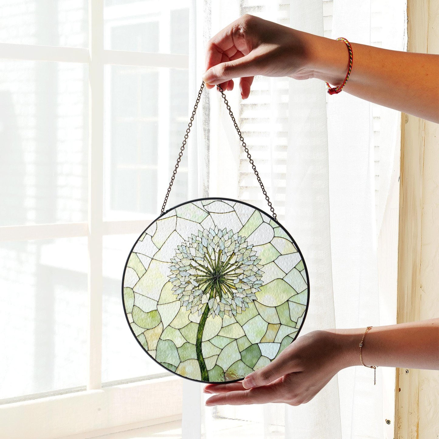 Dandelion bloom stained glass suncatcher round window charm gift for nature lover