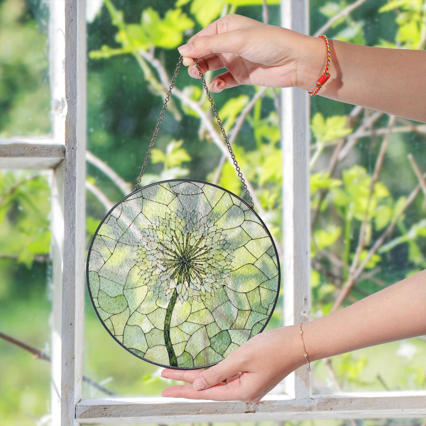 Dandelion bloom stained glass suncatcher round window charm gift for nature lover